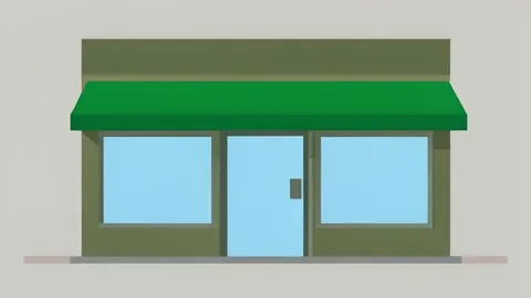 A flat-vector illustration of a medical cannabis dispensary storefront with green awnings and glass windows.
