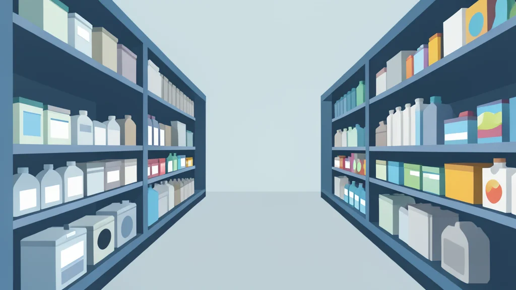 A stylized vector illustration of a retail store aisle with stocked shelves and household goods.