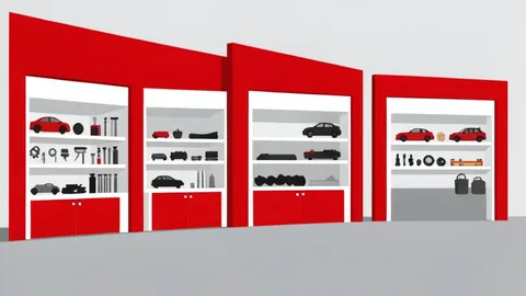 A flat vector illustration of a row of red and white automotive service bays with shelves of car parts.