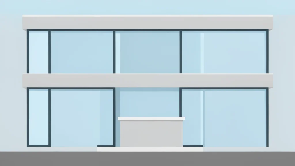 A modern insurance office building with large glass windows and a reception desk