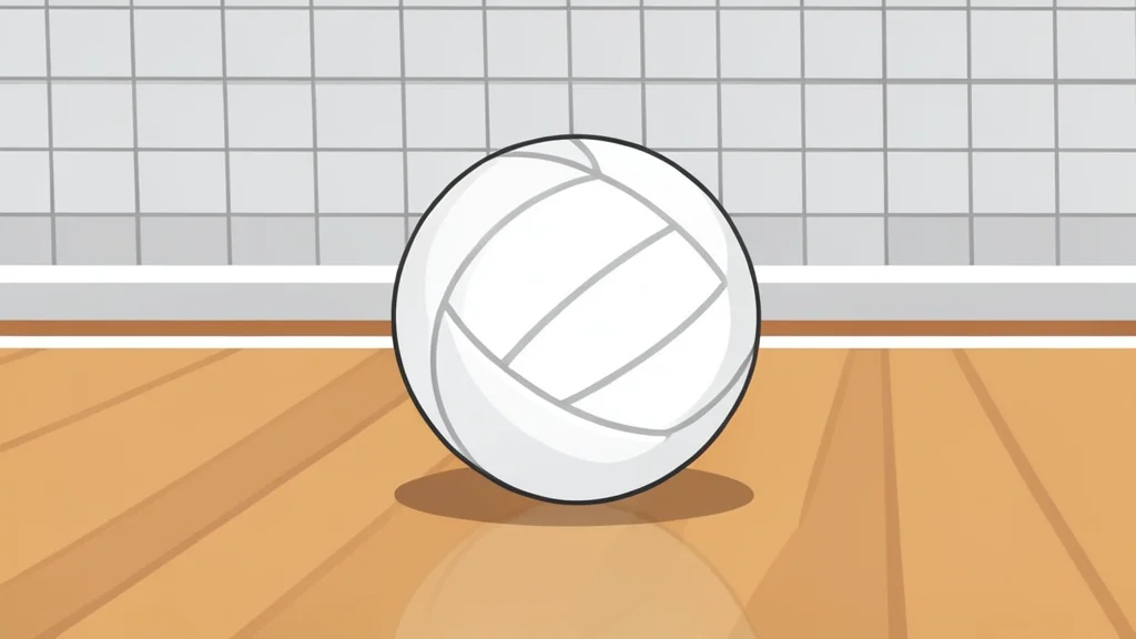 A white volleyball resting on a polished wooden gymnasium floor near the net