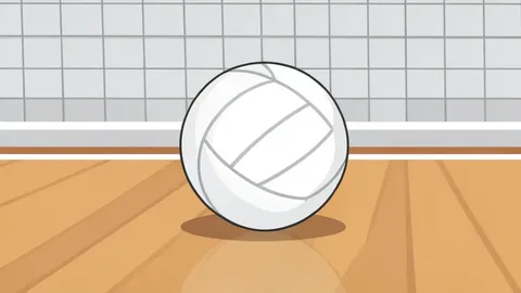 A white volleyball resting on a polished wooden gymnasium floor near the net