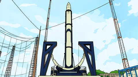 A small white rocket standing vertically on a concrete launch pad in a tropical forest clearing.