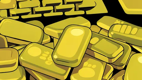 A stack of polished gold bars and a silver ingot resting on a dark surface