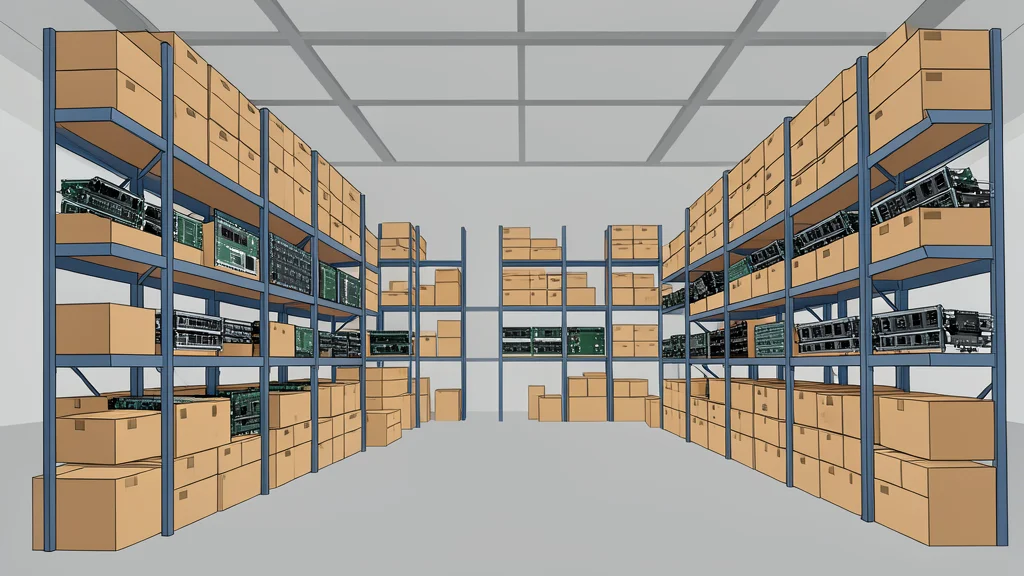 A large industrial warehouse interior filled with tall metal shelving units stacked with boxes of electronic components and circuit boards