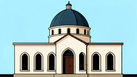 A stylized vector illustration of a synagogue with a central dome and arched windows, set against a calm sky.