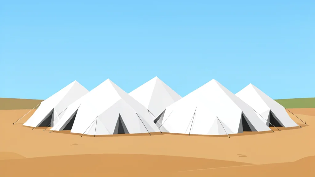 A cluster of white tents in a dusty, open field under a clear sky