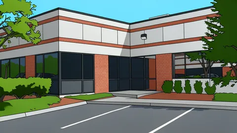 A modern office building with a glass facade and a reception desk