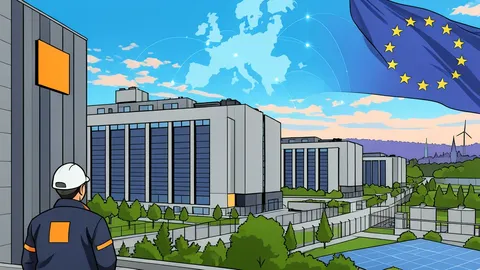 A large industrial data center building with rows of cooling units and server racks visible through a loading dock