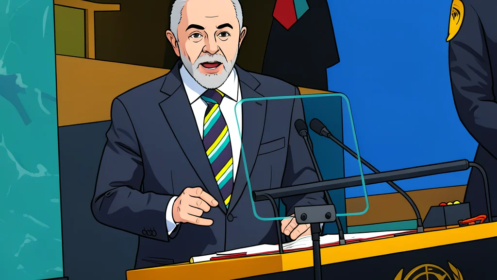 A flat-vector illustration of the United Nations General Assembly hall featuring rows of empty seats and a central podium.