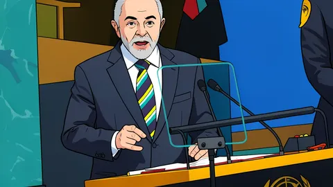A flat-vector illustration of the United Nations General Assembly hall featuring rows of empty seats and a central podium.