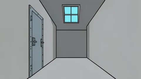 A narrow, concrete prison corridor featuring a heavy metal door and a small high window.