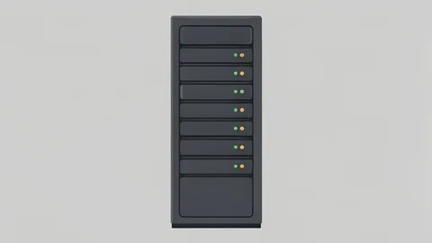 A server rack with blinking status lights