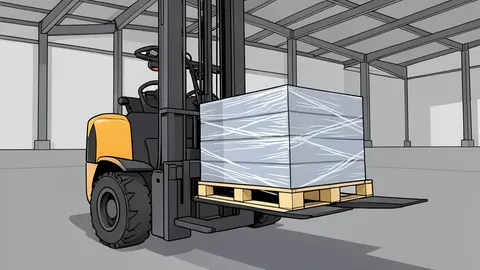 A row of high-visibility orange safety vests and protective helmets hanging on a metal rack in a warehouse