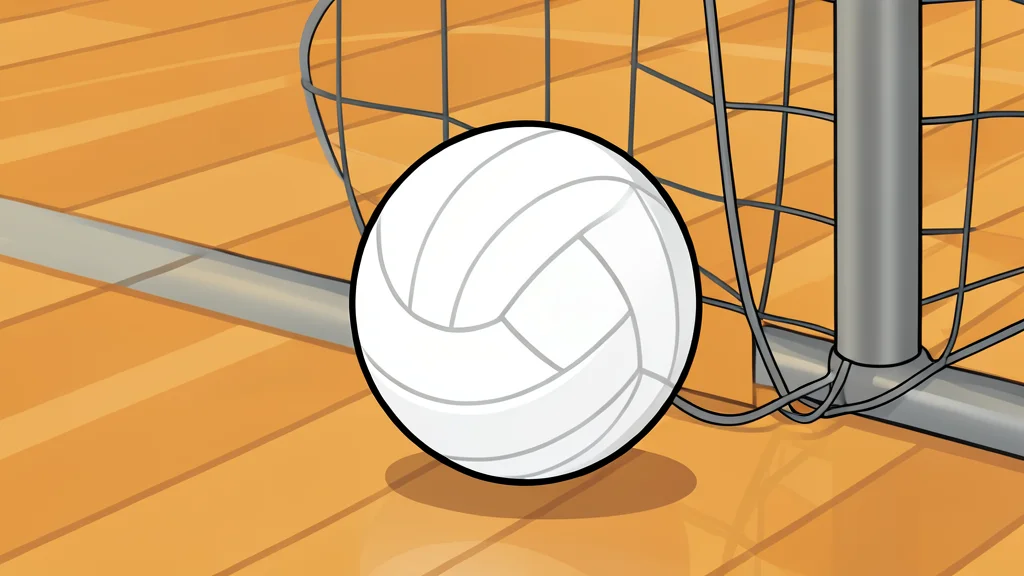 A white volleyball resting on a polished wooden gymnasium floor near a net post