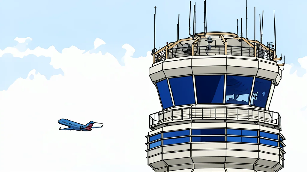 A stylized flat-vector illustration of an airport control tower with radar antennas on the roof against a plain background.