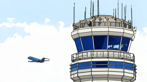 A stylized flat-vector illustration of an airport control tower with radar antennas on the roof against a plain background.