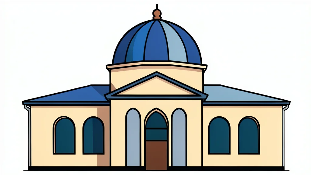 A stylized vector illustration of a synagogue with a central dome and arched windows.