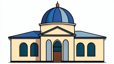 A stylized vector illustration of a synagogue with a central dome and arched windows.