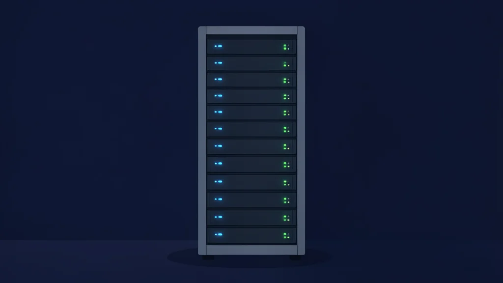 A server rack with blinking status lights in a dimly lit data center