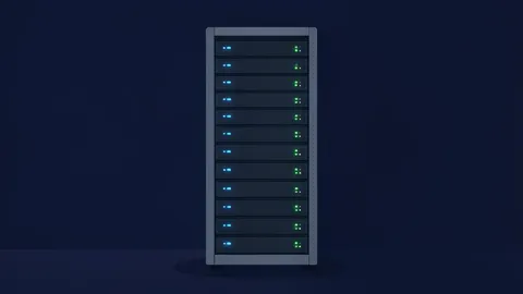 A server rack with blinking status lights in a dimly lit data center