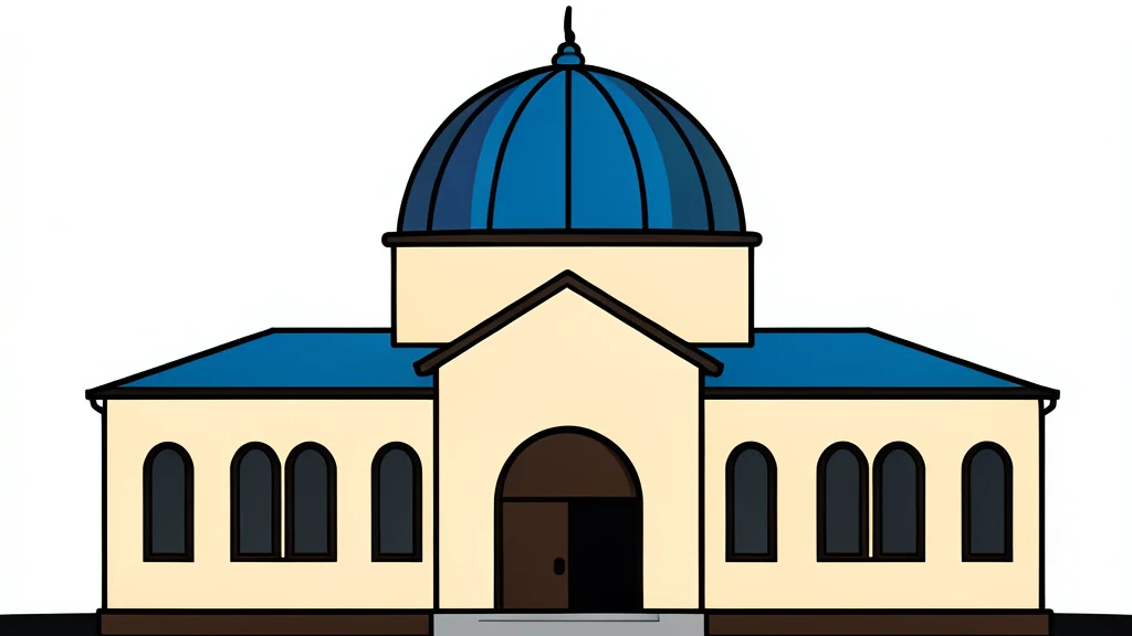 A stylized synagogue building featuring a central dome and arched windows under a clear sky