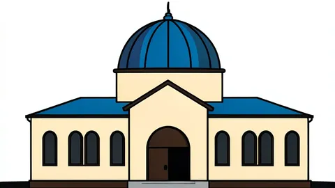 A stylized synagogue building featuring a central dome and arched windows under a clear sky