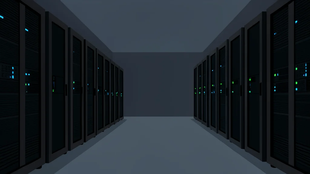 Rows of black server racks with blinking status lights in a dimly lit data center