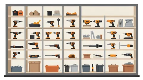 A flat-vector illustration of a retail store interior with shelves stocked with power tools and hardware.