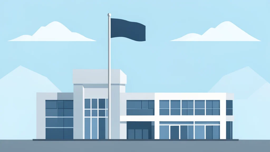 A minimalist flat-vector illustration of a secure military headquarters building with a single flagpole against a clear sky.