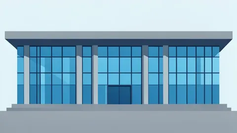 Flat vector illustration of a modern government building with a flat roof and glass windows.