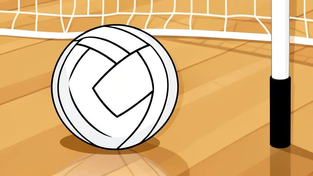 A white volleyball resting on a polished wooden gymnasium floor near a net post.
