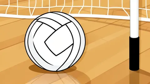 A white volleyball resting on a polished wooden gymnasium floor near a net post.