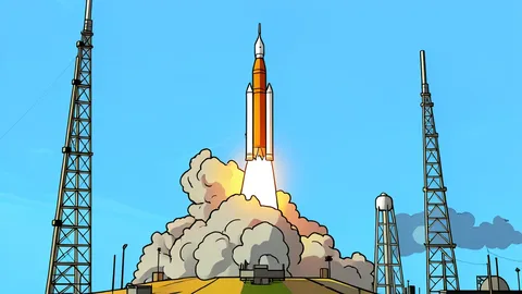 A flat-vector illustration of a massive white rocket standing vertically on a launch pad