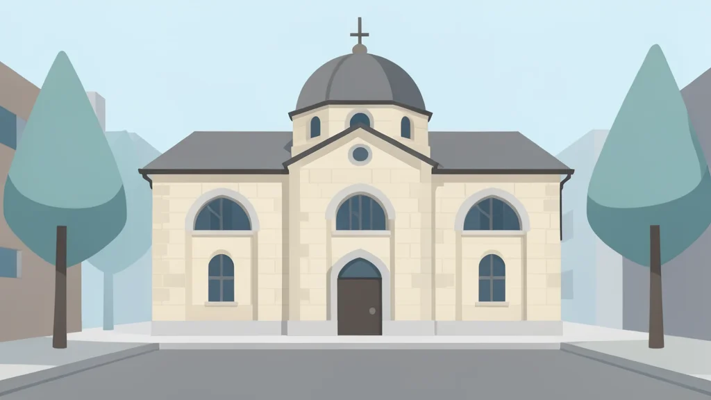 A stone synagogue building with arched windows and a dome, situated in an urban street setting.
