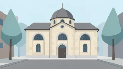 A stone synagogue building with arched windows and a dome, situated in an urban street setting.