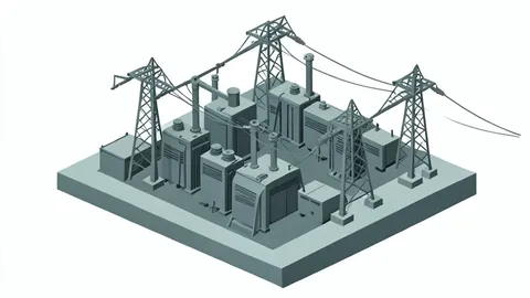 A large industrial electrical substation with high-voltage transformers and power lines