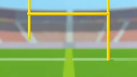 A flat vector illustration of a green football field with white yard lines and goalposts under a clear sky.