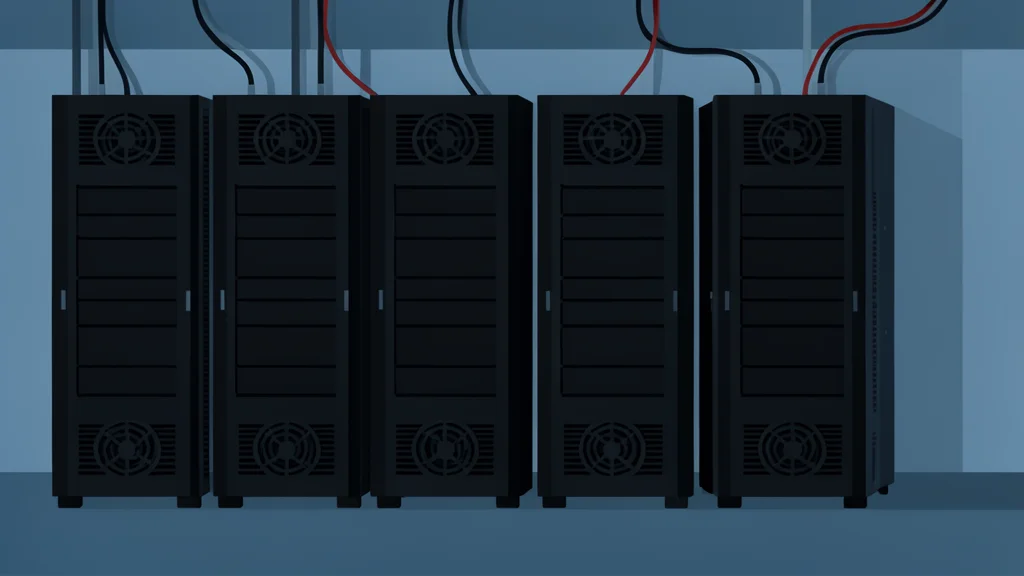 Rows of black server racks with visible cabling and ventilation fans inside a large, dimly lit facility