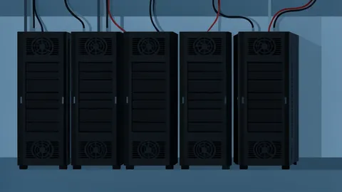 Rows of black server racks with visible cabling and ventilation fans inside a large, dimly lit facility