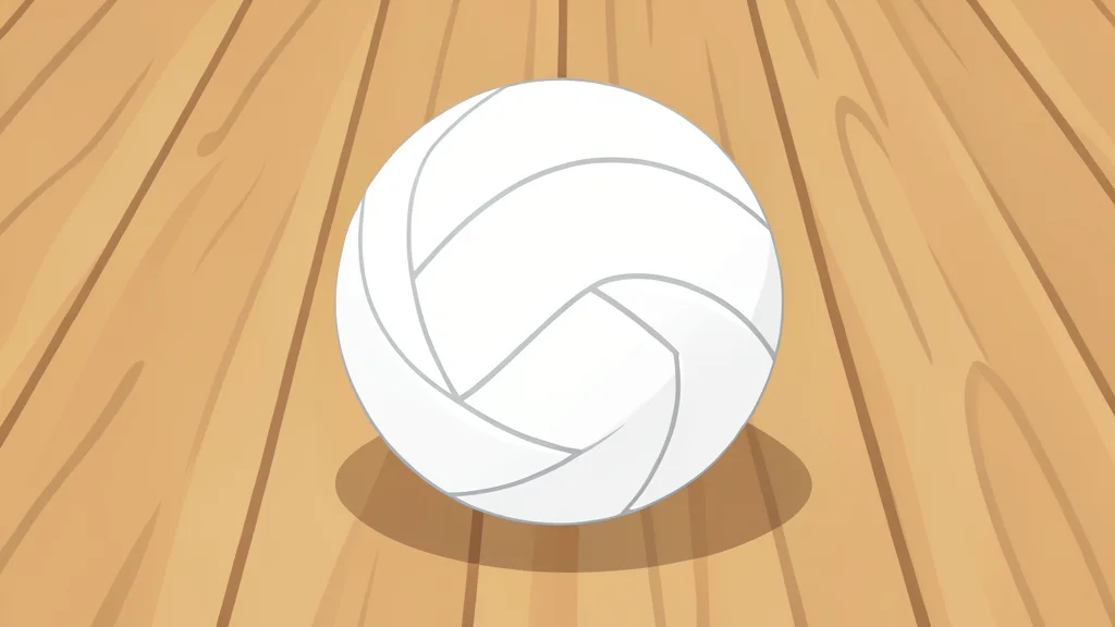 A white volleyball resting on a polished wooden gymnasium floor