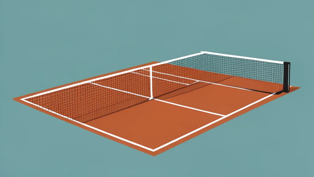 A flat vector illustration of a clay tennis court with a white net stretched across the center.