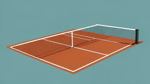 A flat vector illustration of a clay tennis court with a white net stretched across the center.