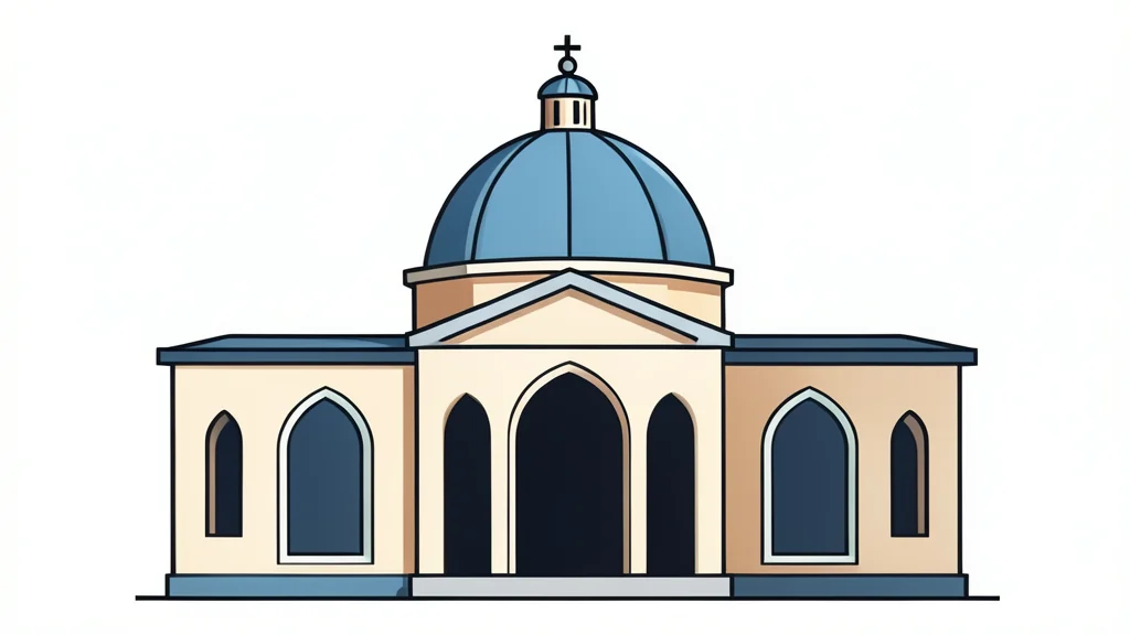 A flat vector illustration of a synagogue building featuring a central dome and arched windows.