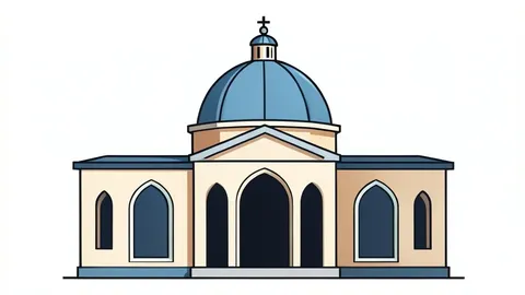 A flat vector illustration of a synagogue building featuring a central dome and arched windows.