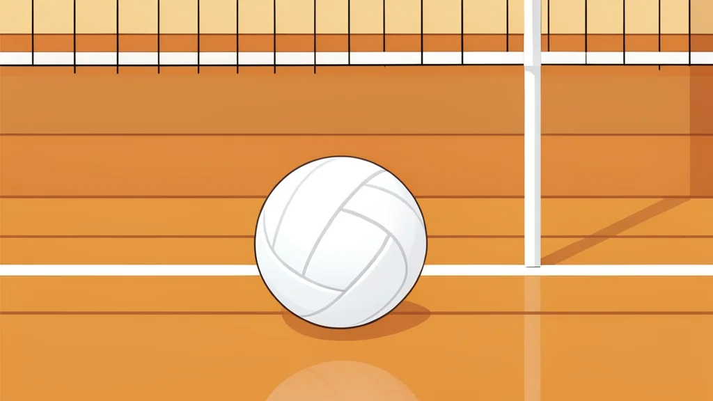 A white volleyball resting on a polished wooden gymnasium floor near a net post