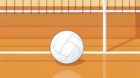 A white volleyball resting on a polished wooden gymnasium floor near a net post