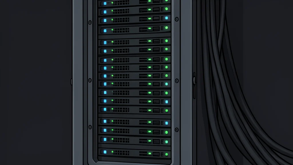 A server rack with blinking status lights in a data center