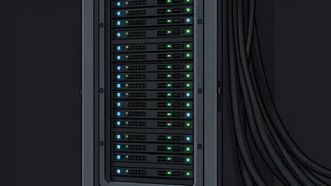 A server rack with blinking status lights in a data center