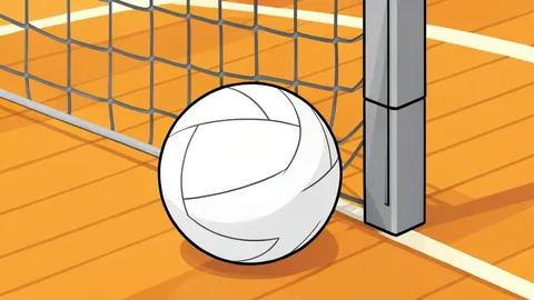 A white volleyball resting on a polished wooden gymnasium floor near a net post
